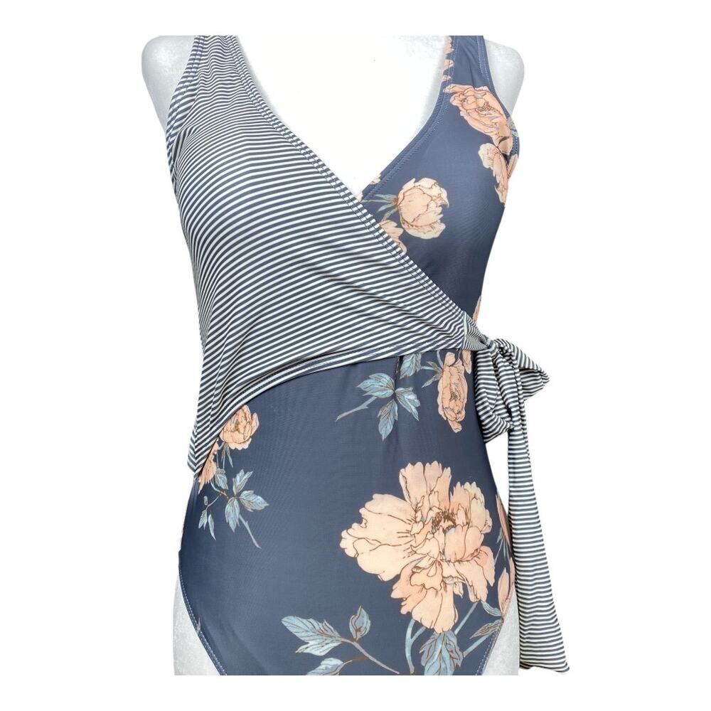 Striped & Floral One-Piece Swimsuit | Wrap Front | Size Small